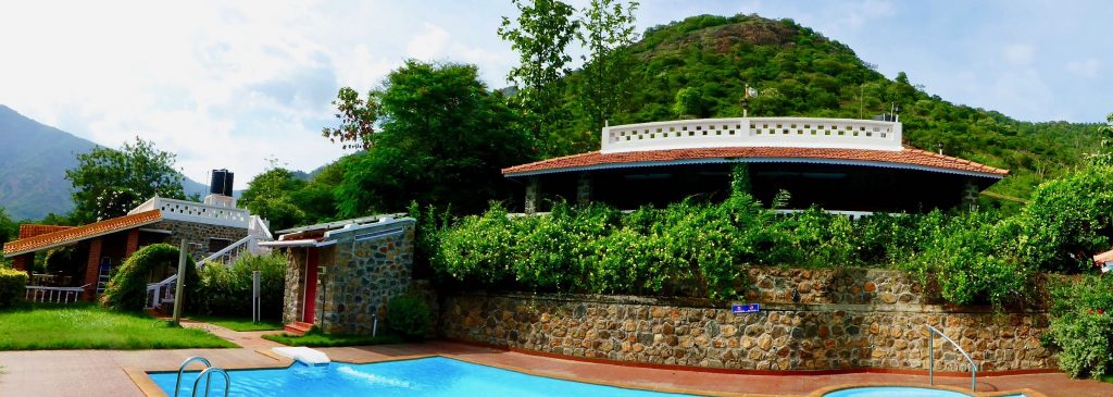 Pool with a view of the mountain in the distance